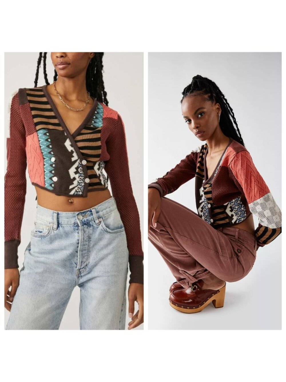 Free People Pieces Of Me Top Patchwork Knit Long Sleeve Crop Multicolor Size XS